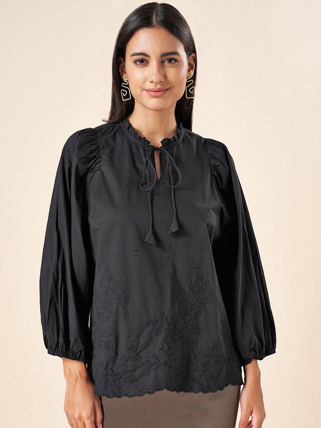 AKKRITI BY PANTALOONS Tie-Up Neck Cotton Top