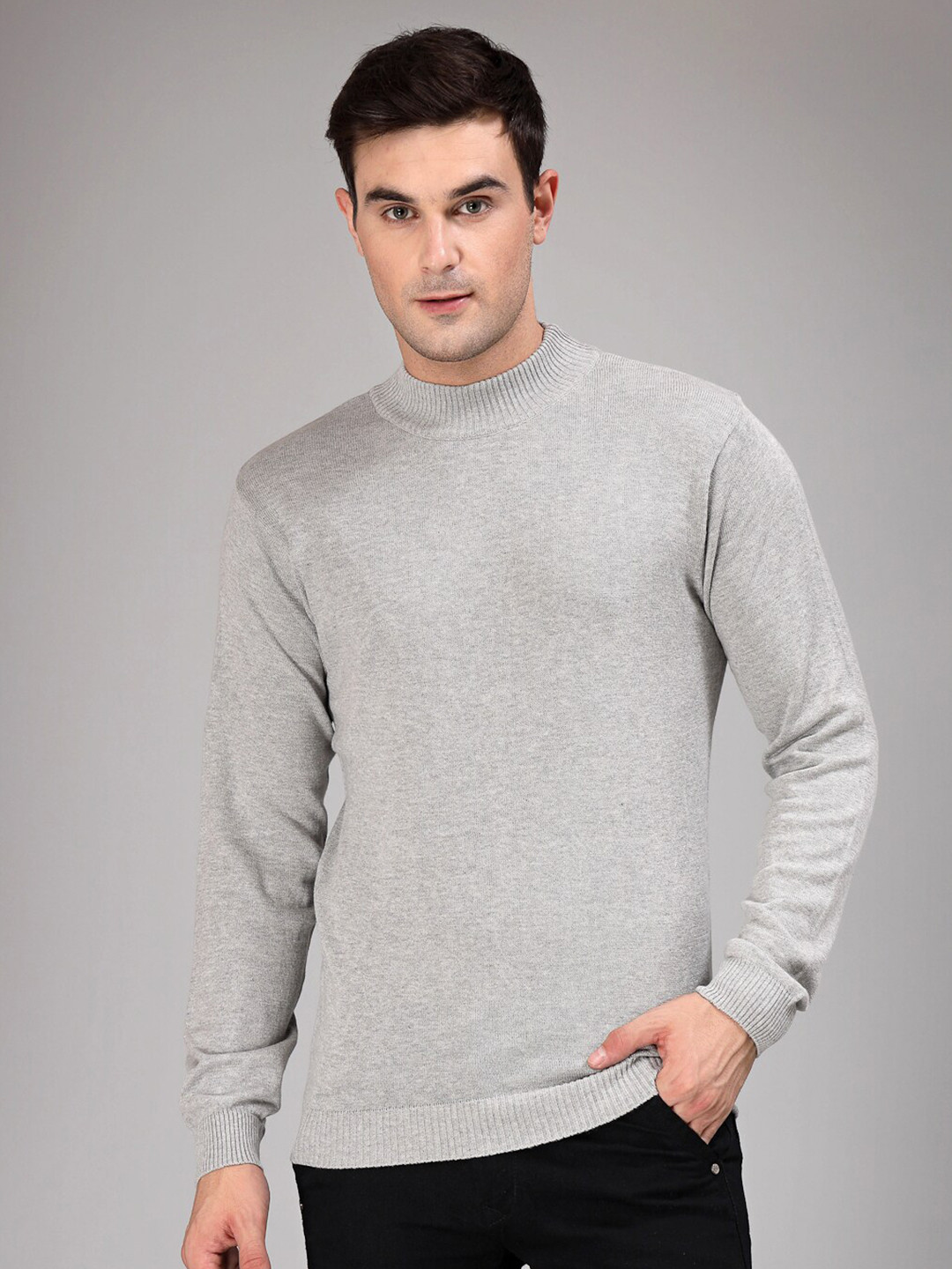 Style Quotient Men Grey Solid Cotton Pullover Sweater