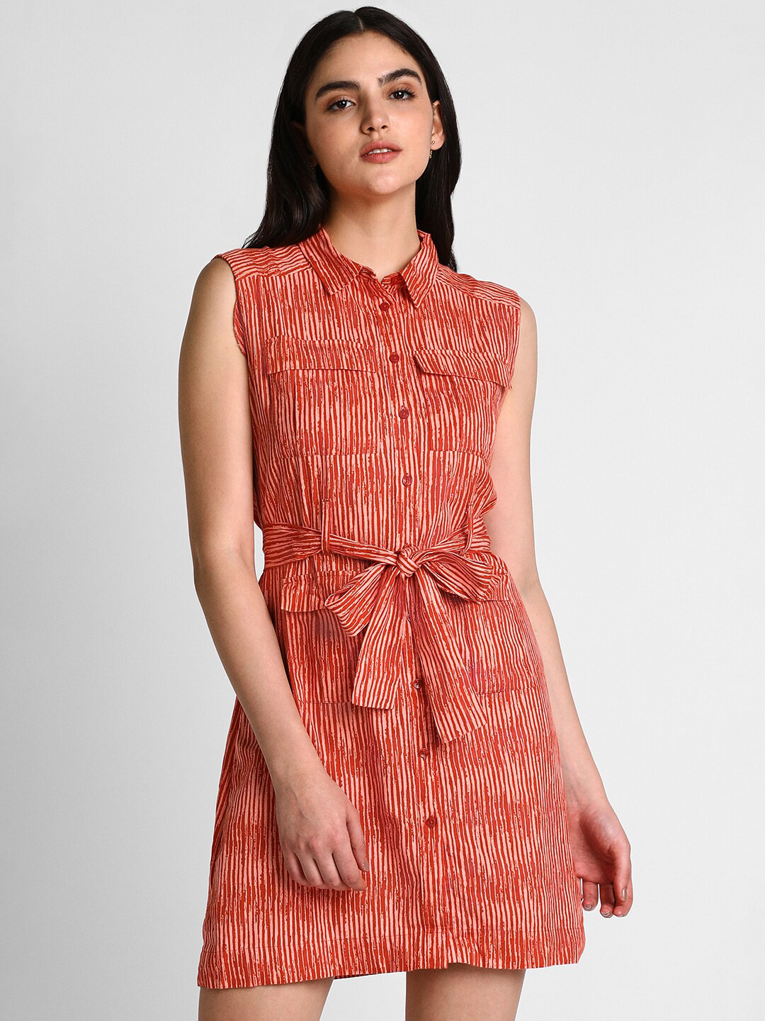 Allen Solly Woman Striped Shirt Collar Sleeveless Belted Shirt Dress