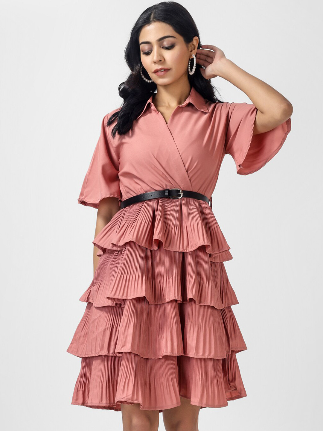 OCEANISTA Layered Shirt Collar Flared Sleeve Fit & Flare Dress