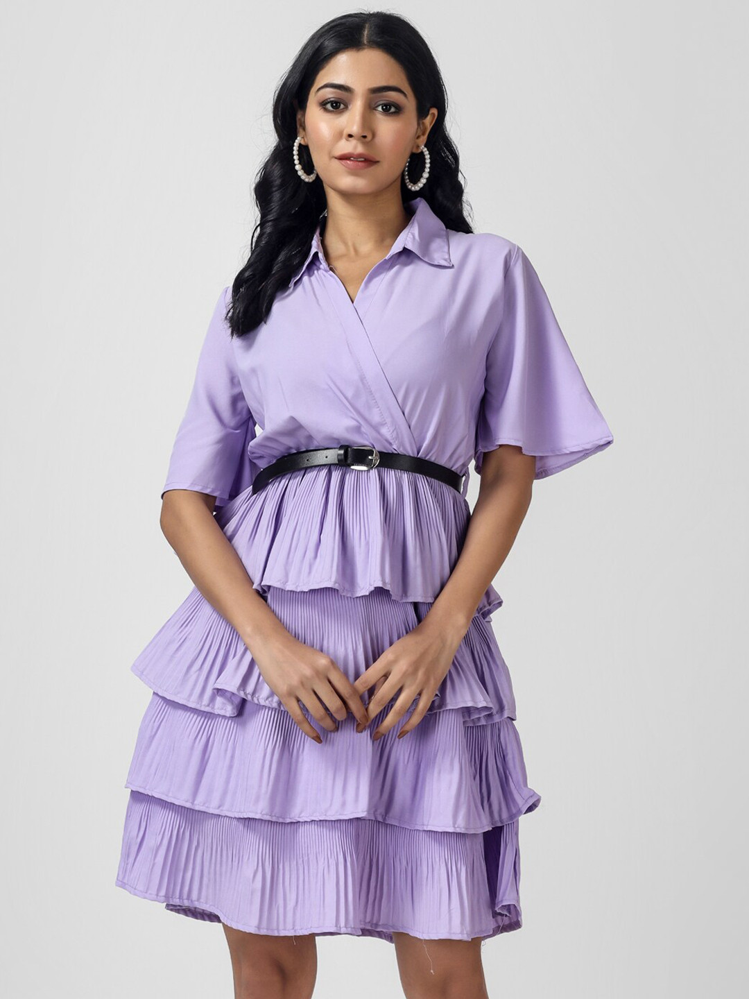 OCEANISTA Shirt Collar Flared Sleeve Layered Fit & Flare Dress
