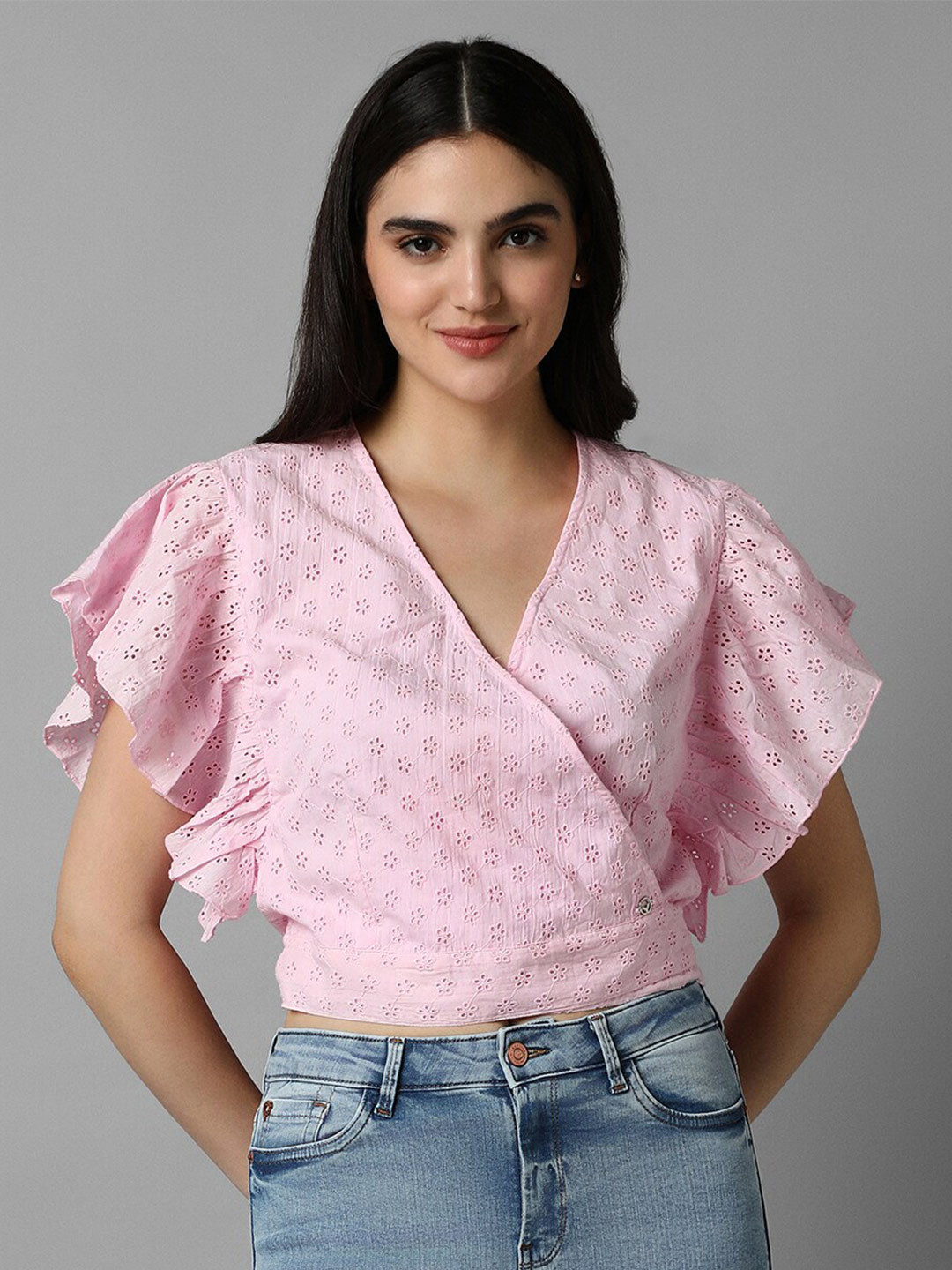 Allen Solly Woman Self Designed Flutter Sleeve Pure Cotton Wrap Top