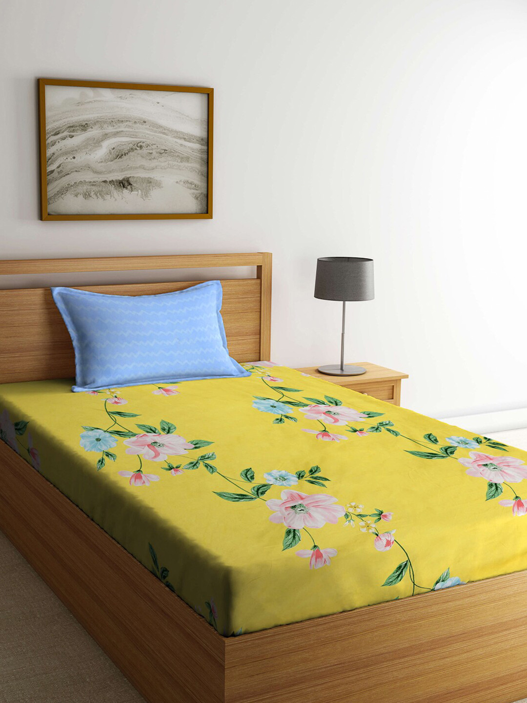 KLOTTHE Daisy Delight Yellow Floral Cotton 300 TC Single Fine Bedsheet with a Pillow Cover-89 x 59 inches