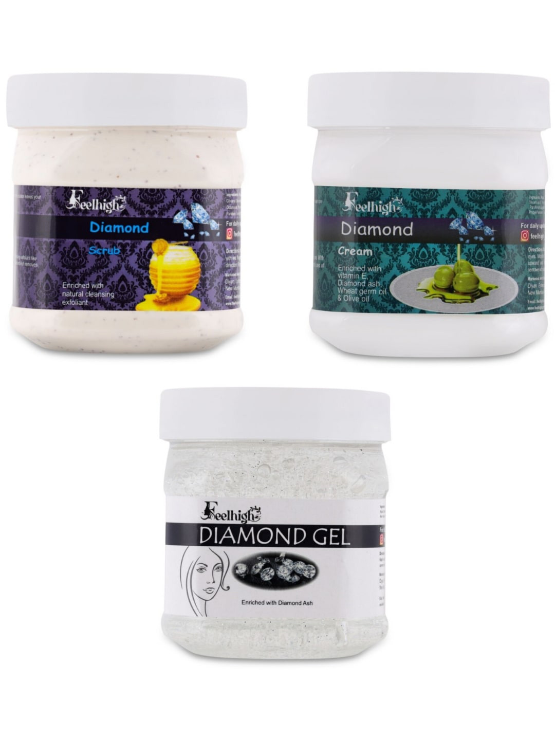 FEELHIGH Set of Diamond Face Scrub + Cream + Face Gel - 500 ml each