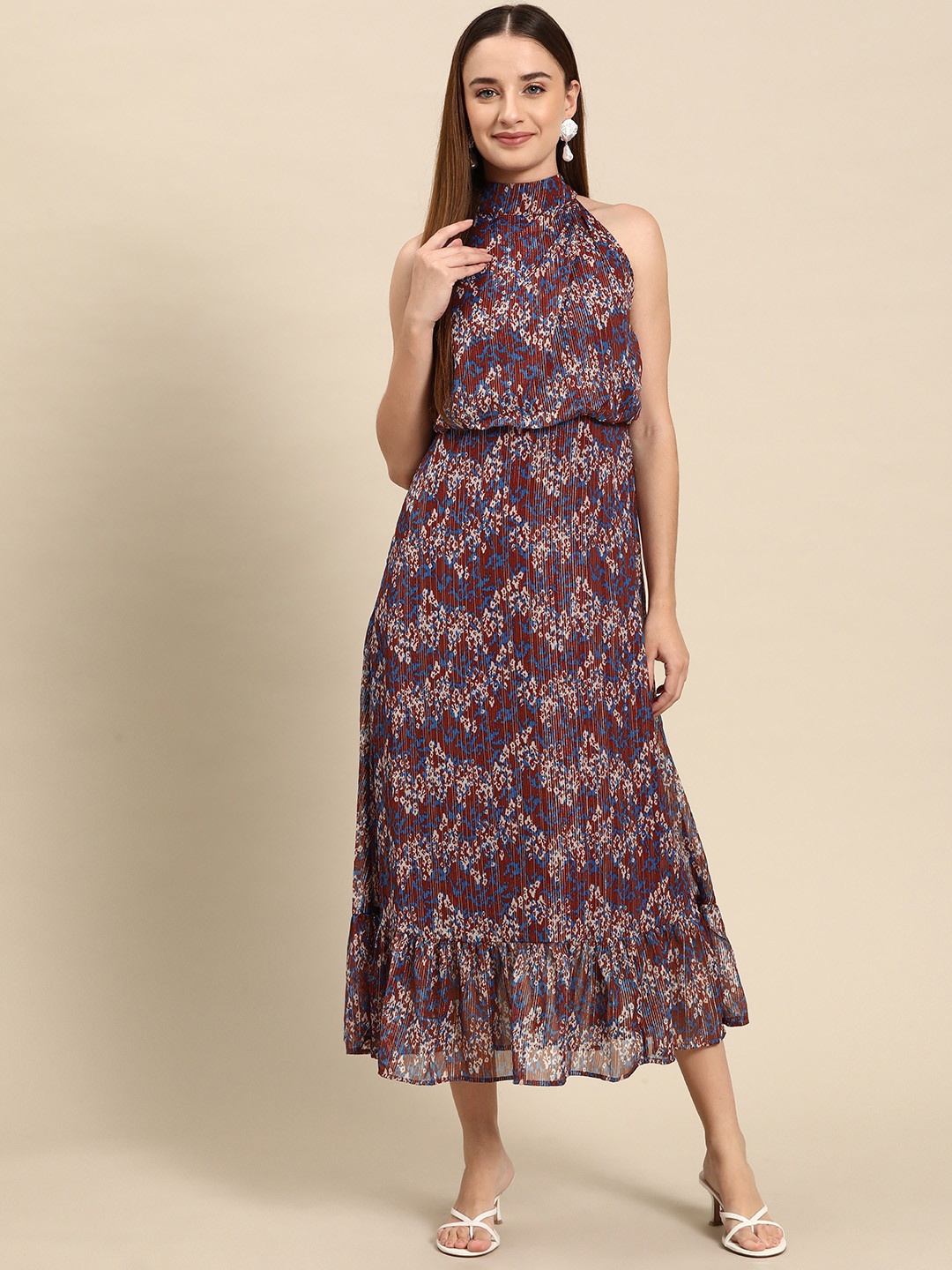 WoowZerz Abstract Print Halter Neck Chiffon Fit & Flare Midi Dress
