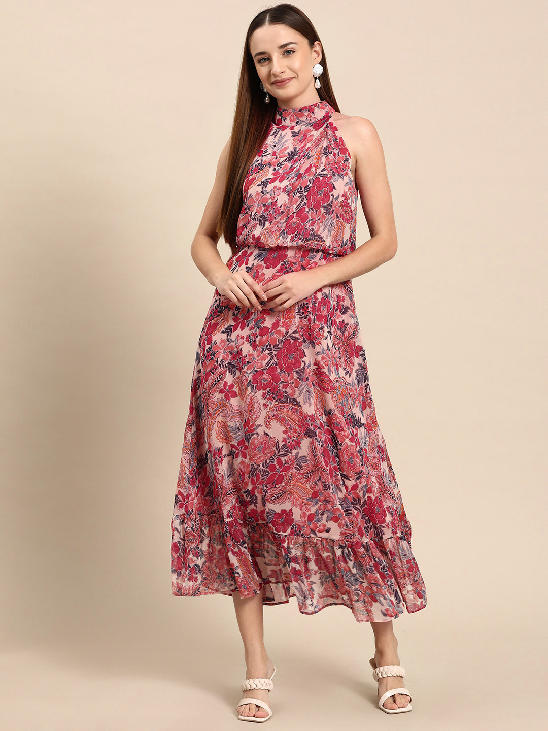 WoowZerz Floral Print Halter Neck Chiffon Fit & Flare Midi Dress