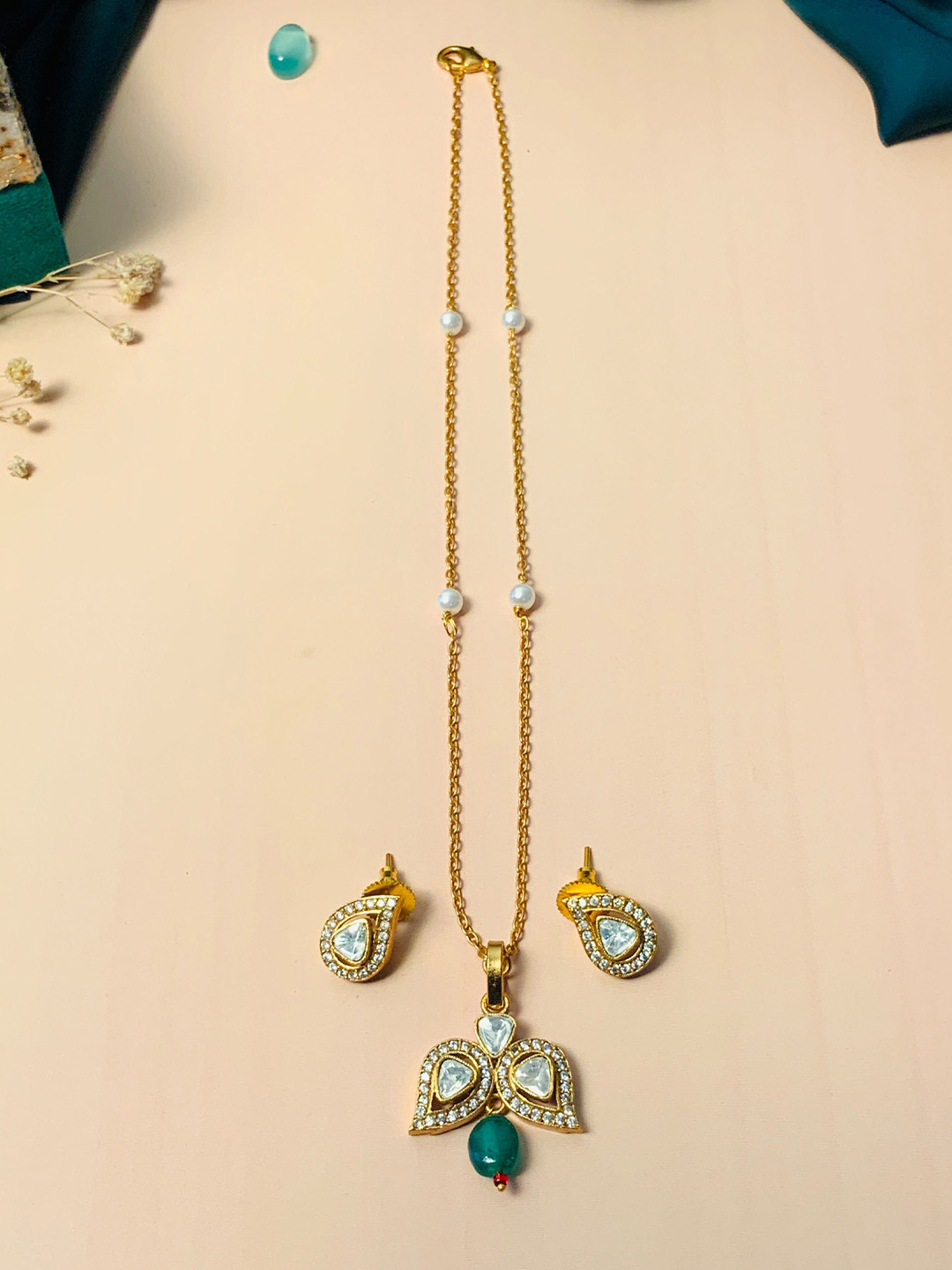 ABDESIGNS Brass Gold-Plated American Diamond Pendant Chain With Pair Of Earrings