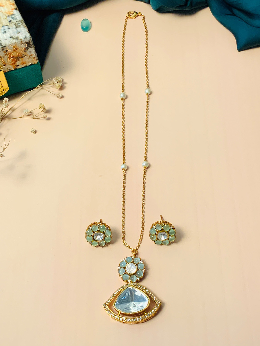 ABDESIGNS Gold Plated Kundan Polki & American Diamond Jewellry Set