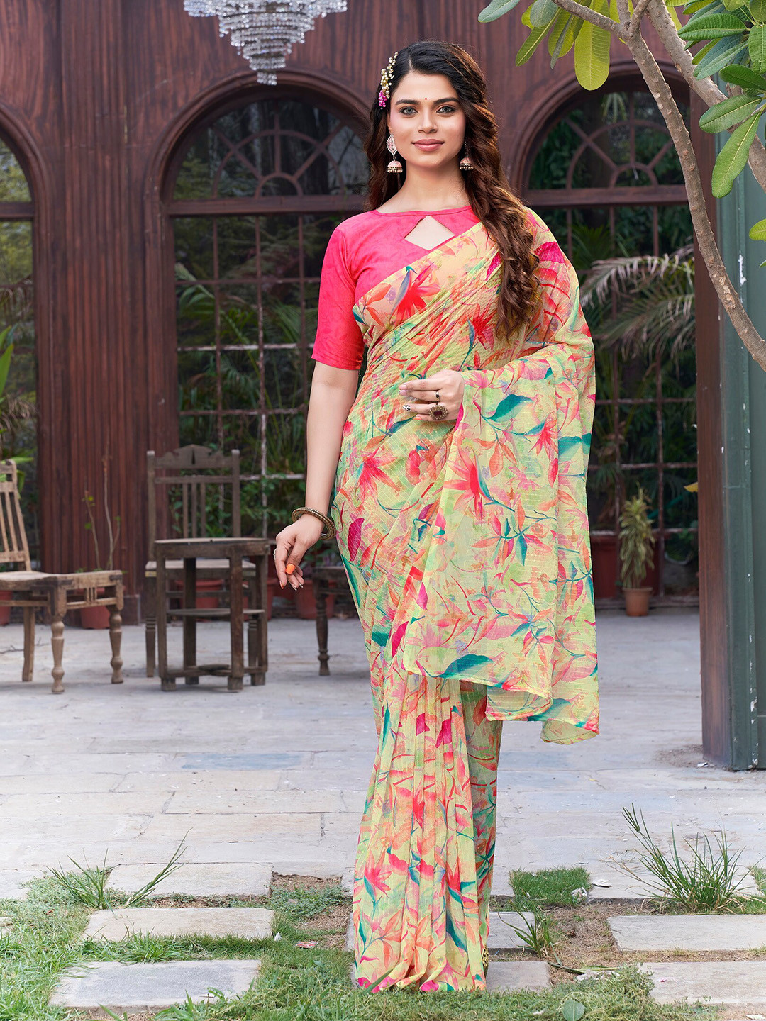 SARIYA Floral Printed Sequinned Pure Georgette Saree