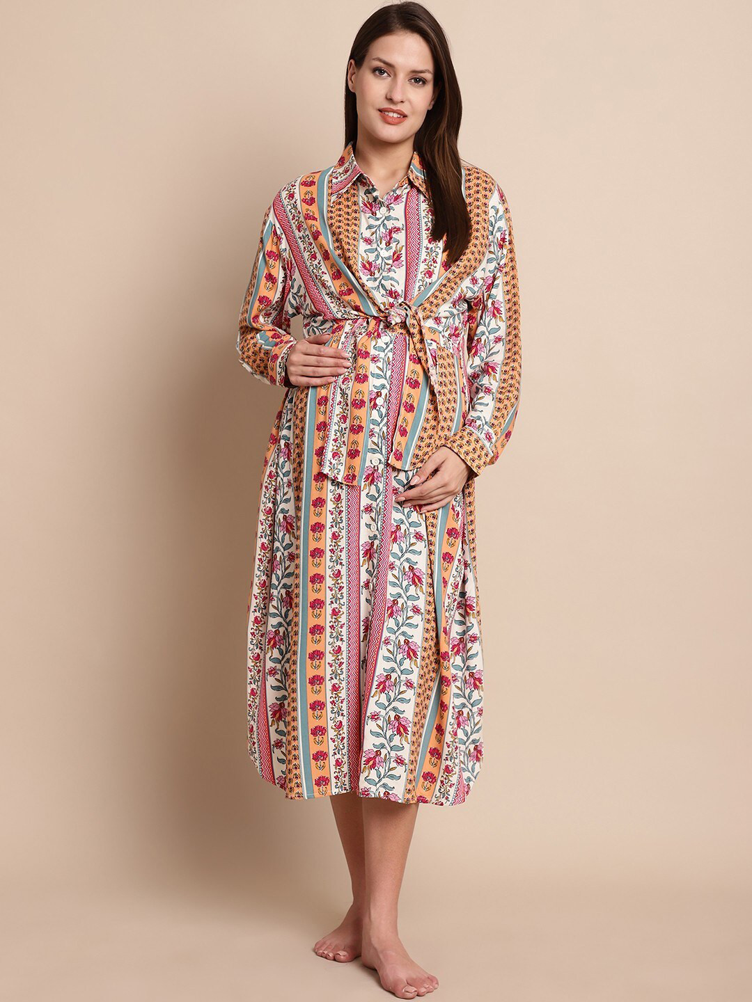 Secret Wish Ethnic Motifs Printed Fit & Flare Cotton Zipless Maternity Feeding Midi Dress
