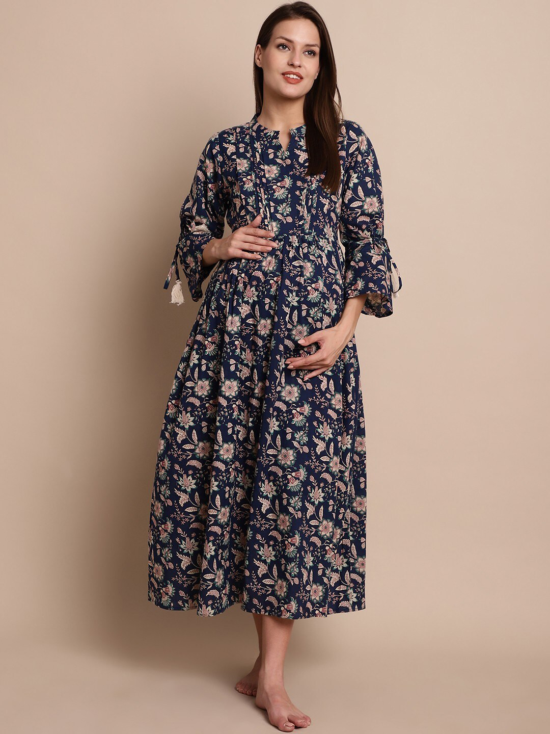 Secret Wish Floral Printed Fit & Flare Pure Cotton Maternity Feeding Midi Dress