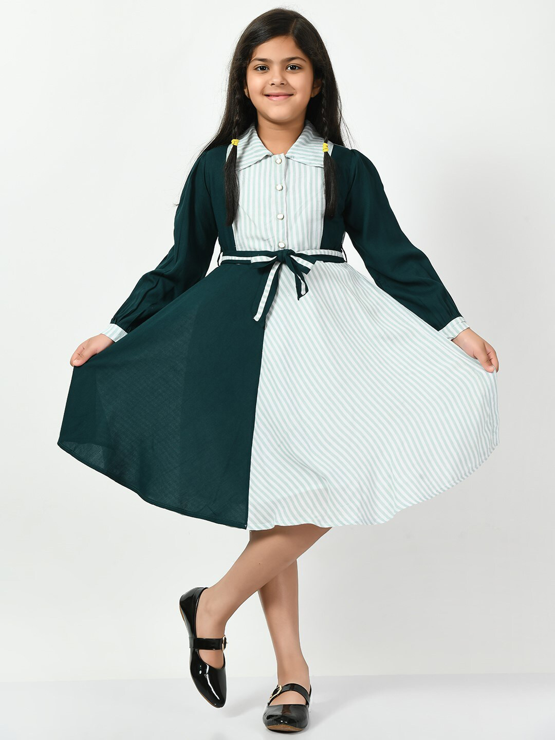 Bella Moda Girls Striped Tie Ups Pure Cotton Shirt Dress With Belt