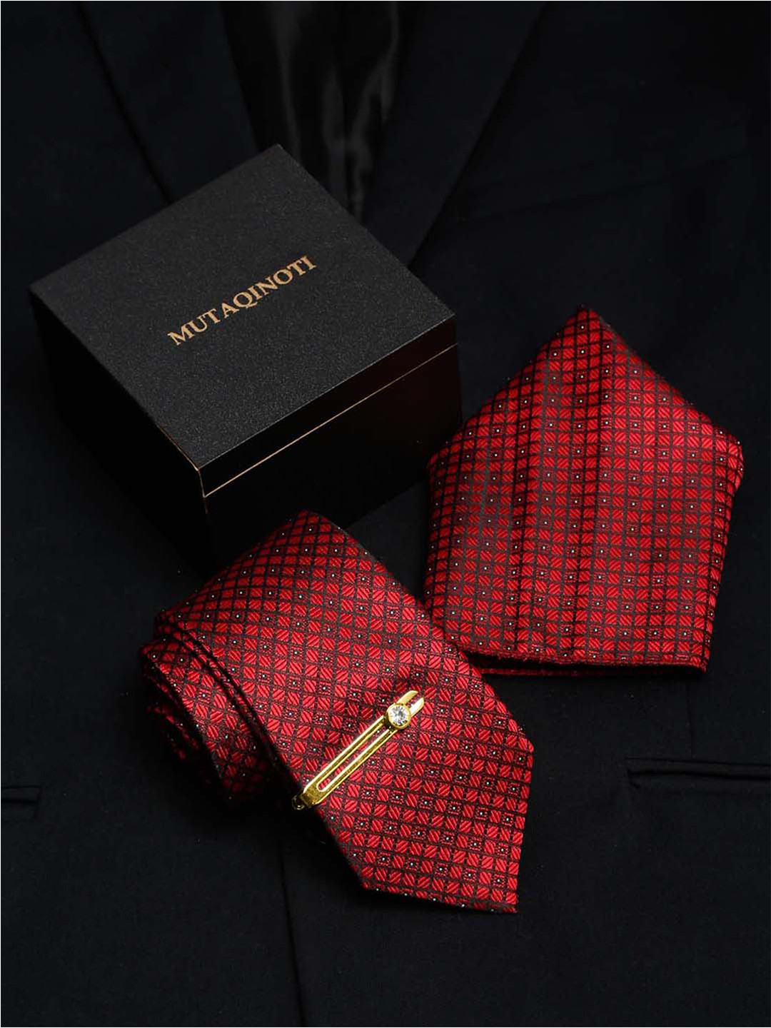 MUTAQINOTI Set Of 3 Checkered Box Silk Necktie Accessory Gift Set