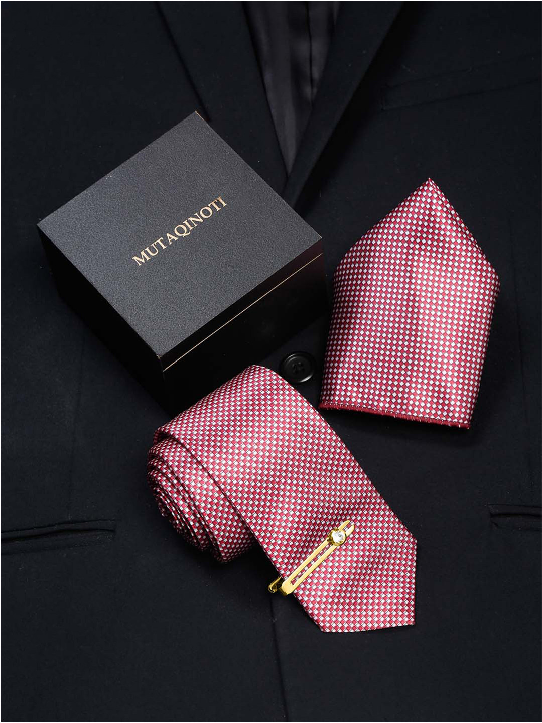 MUTAQINOTI Set Of 3 Small Checked Silk Necktie Accessory Gift Set