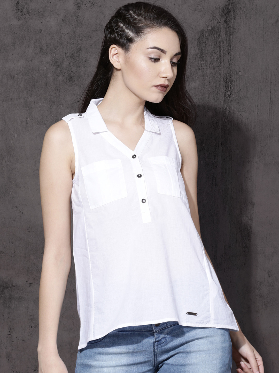 Roadster Women White Solid Shirt Style Pure Cotton Top