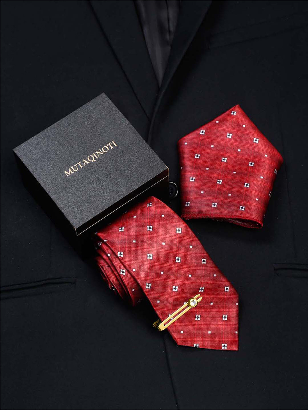 MUTAQINOTI Set Of 3 Dark Striped Red Silk Blend Necktie Accessory Gift Set