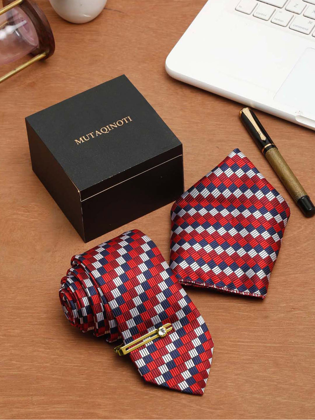 MUTAQINOTI Set Of 3 Checks Red Silk Necktie Accessory Gift Set