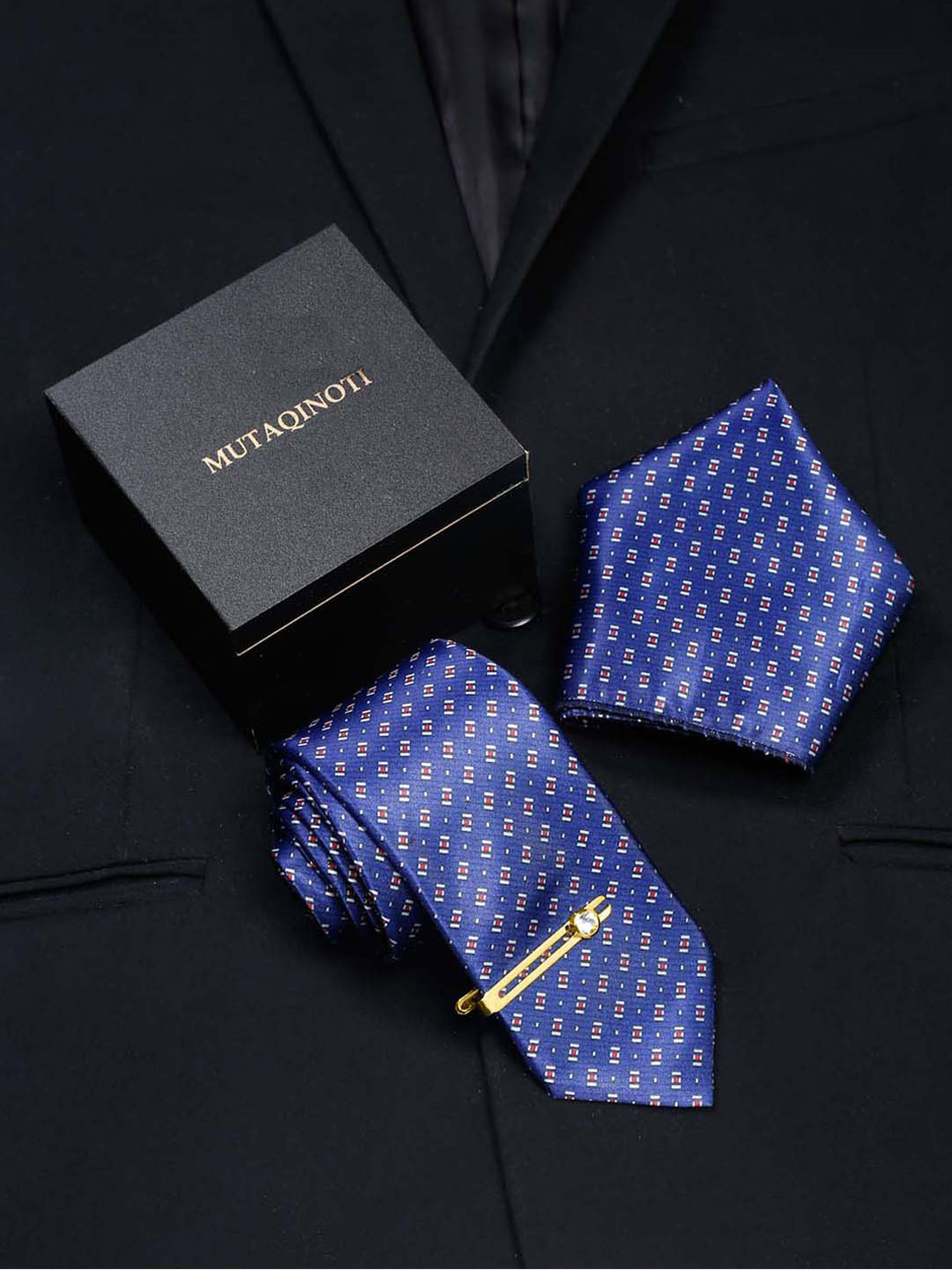 MUTAQINOTI Set Of 3 Square Blue Silk Blend Necktie Accessory Gift Set