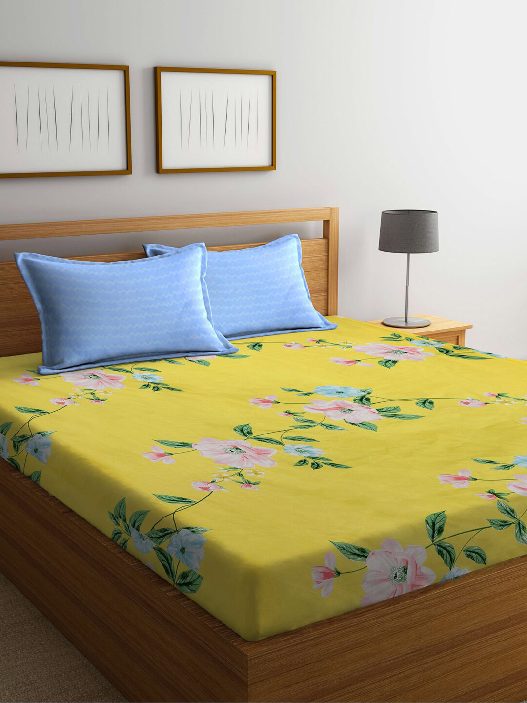 KLOTTHE Yellow Floral Polycotton 300 TC Fitted King Fine Bedsheet with 2 Pillow Covers-98 x 89 inches