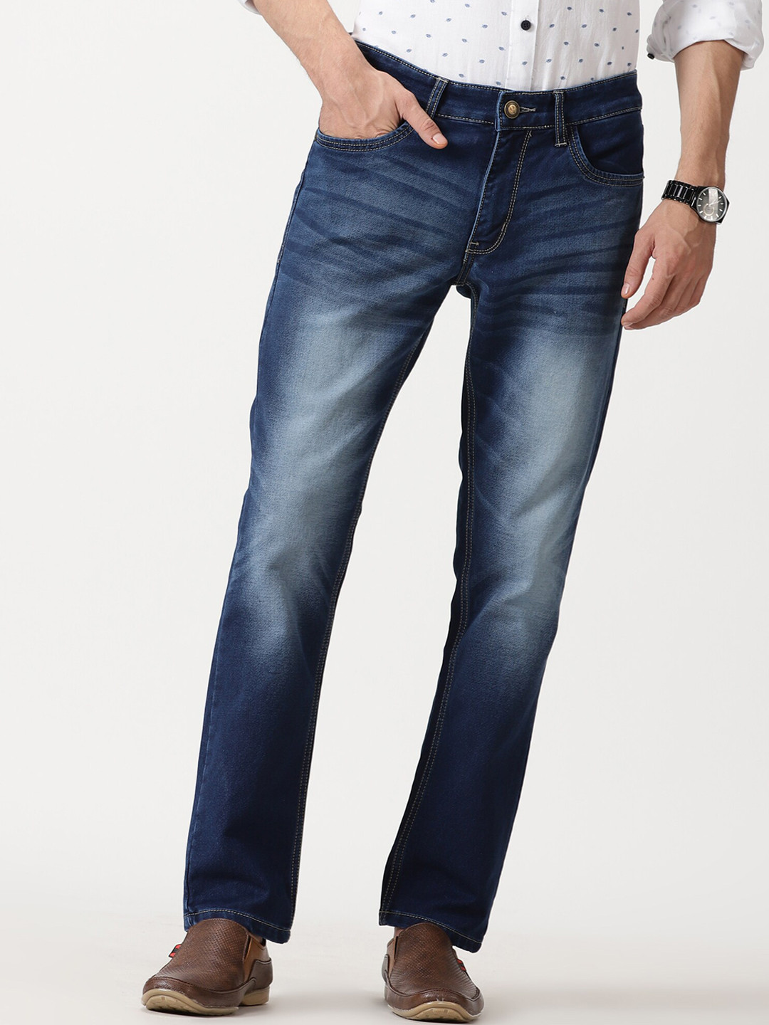 VUDU Narrow Slim Fit Mid Rise Clean Look Heavy Fade Cotton Stretchable Jeans