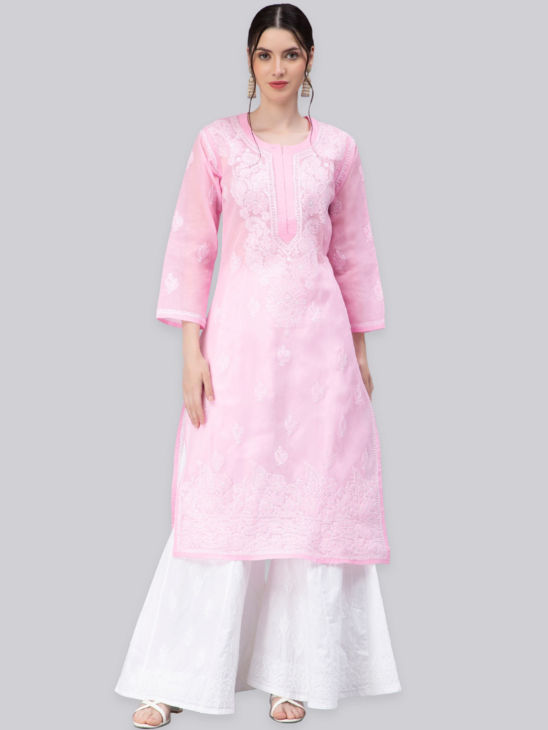 Seva Chikan Ethnic Motifs Embroidered Chikankari Straight Voile Kurta