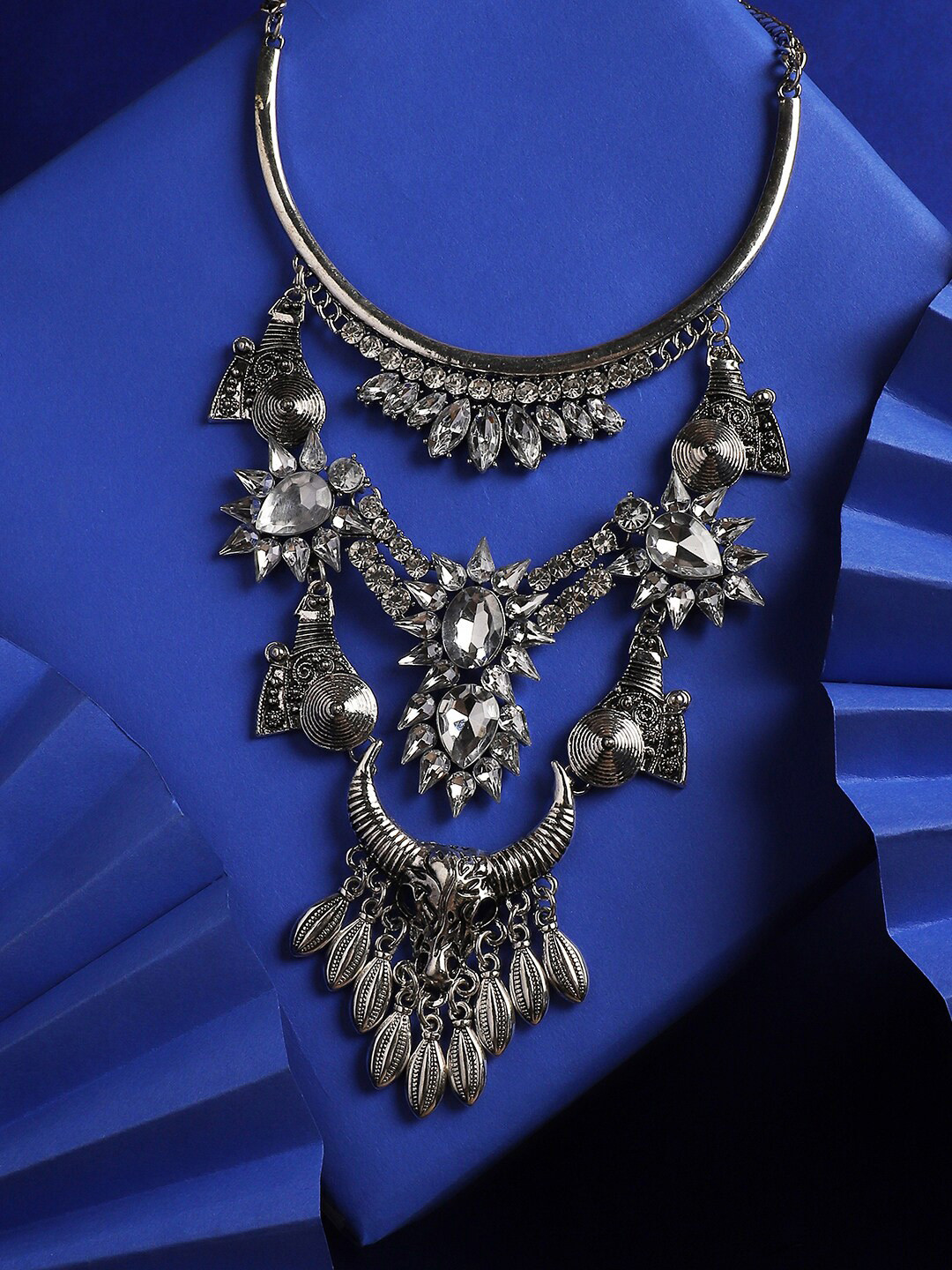 SOHI Silver-Plated Crystal Layered Necklace