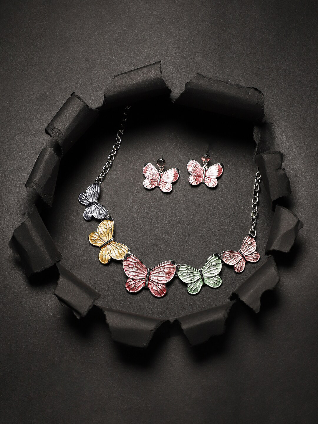 SOHI Silver-Plated Pastel Butterfly Jewellery Set