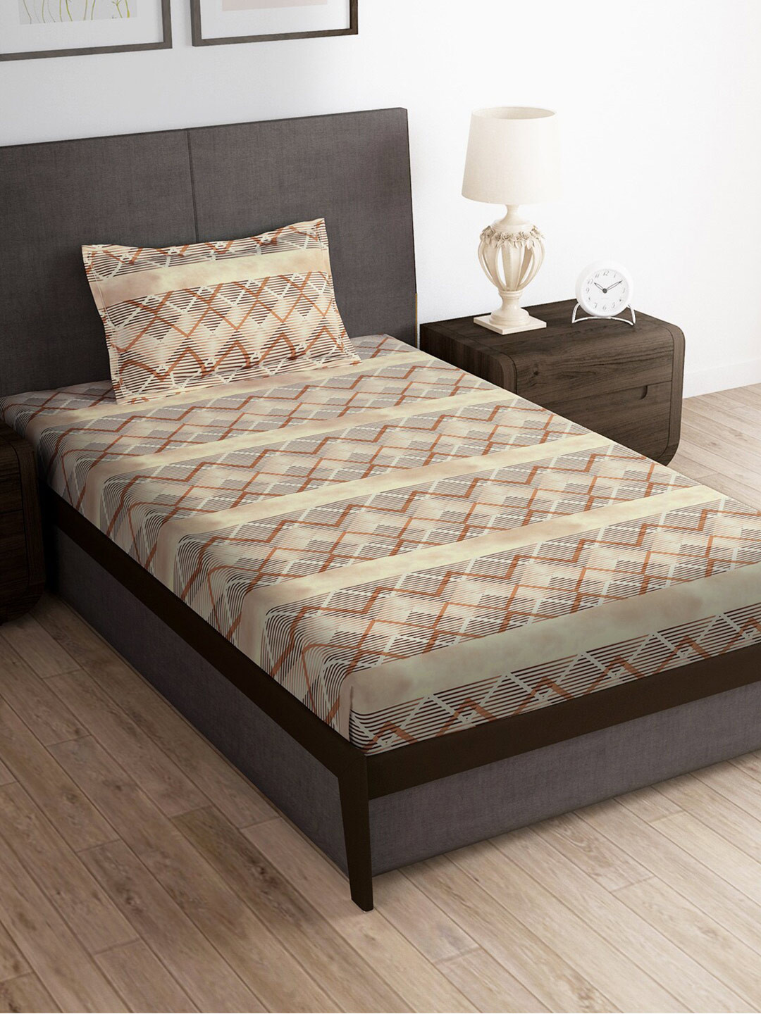 Story@home Brown Chevron Microfiber 180 TC Single Fine Bedsheet with a Pillow Cover-58 x 88 inches