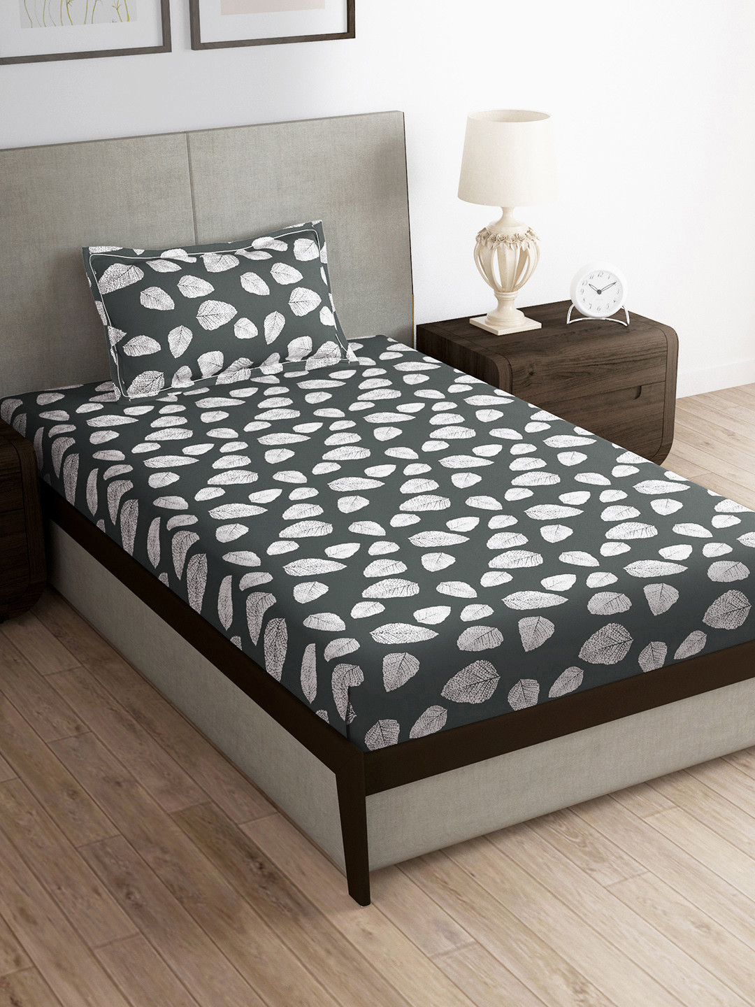 Story@home Green Leaf Microfiber 180 TC Single Fine Bedsheet with a Pillow Cover-147 x 224 cm