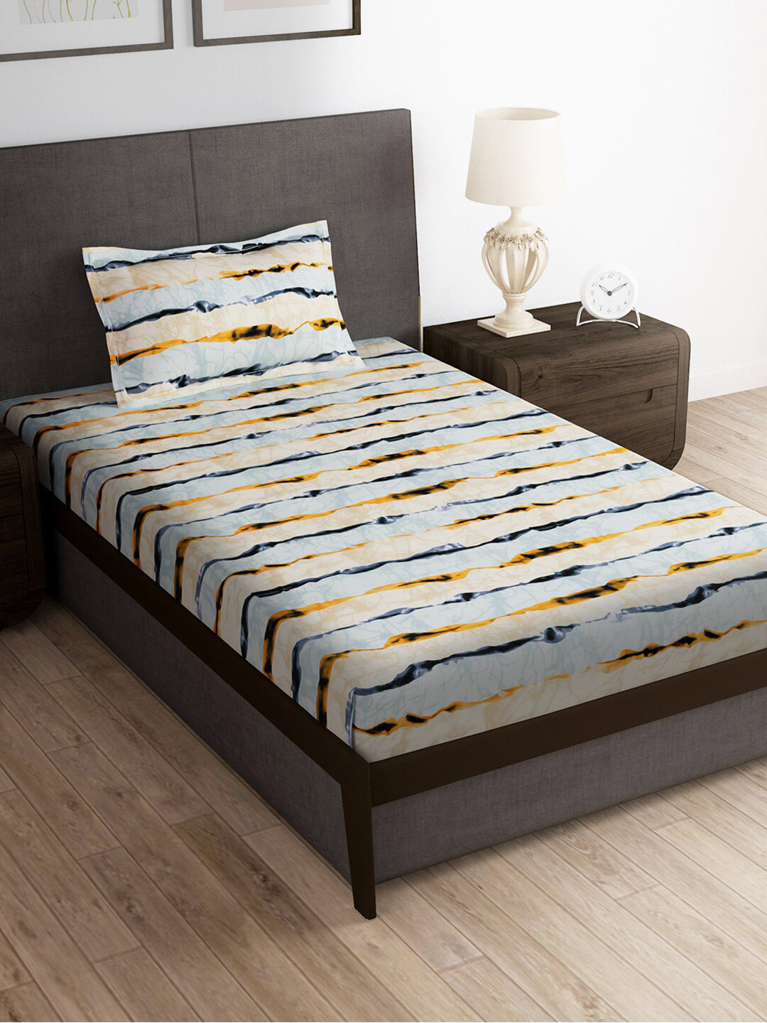 Story@home Cream Striped Microfiber 180 TC Single Fine Bedsheet with a Pillow Cover-224 x 147 cm