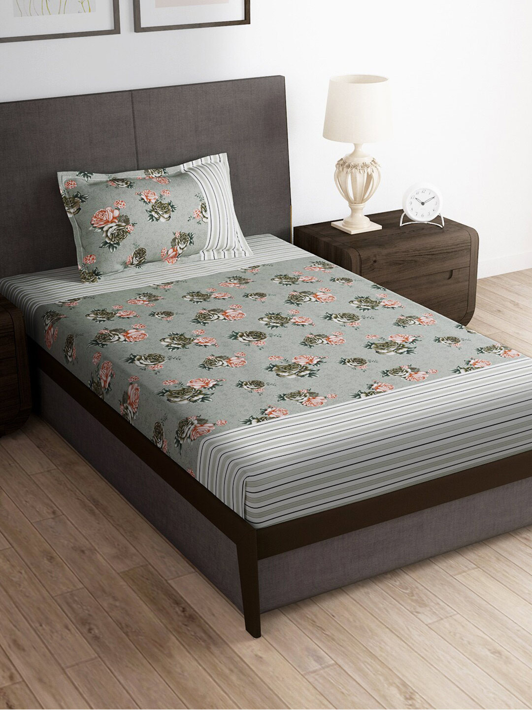 Story@home Jaipuri Grey Floral Microfiber 180 TC Single Coarse Bedsheet with a Pillow Cover-88 x 58 inches
