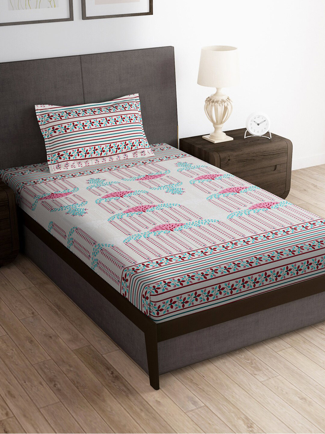 Story@home Arena Grey Ethnic Motifs Microfiber 180 TC Single Coarse Bedsheet with a Pillow Cover-88 x 58 inches