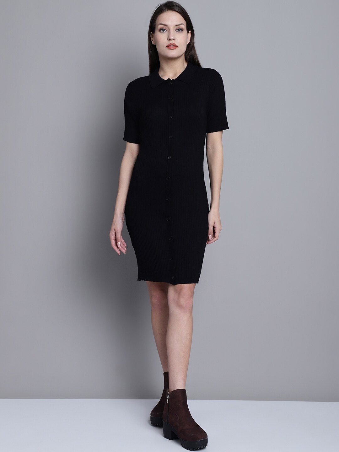 NoBarr Black Solid Shirt Collar Ribbed Bodycon Dress