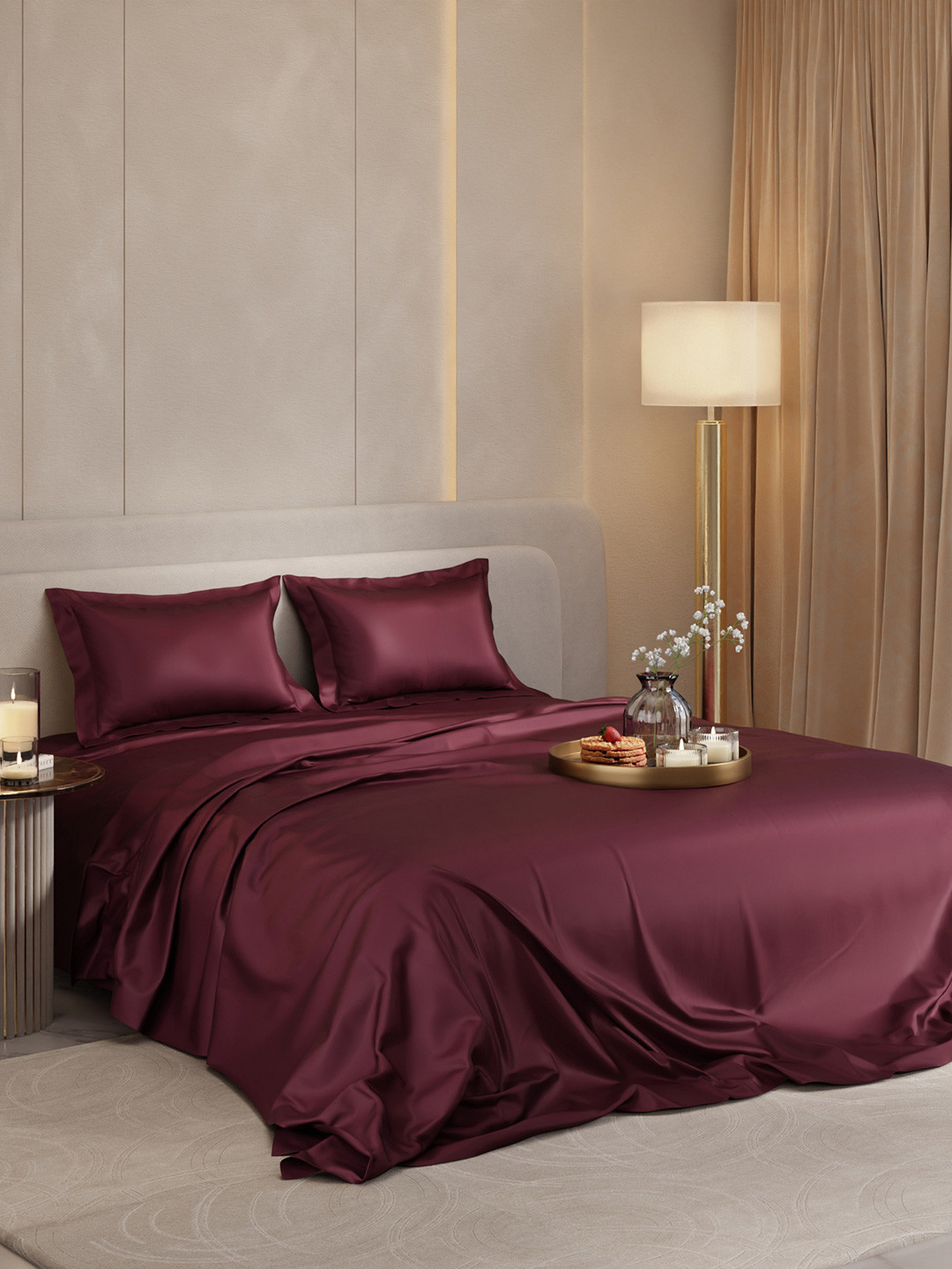 Stoa Paris Date Night Collection Burgundy Polyester 300 TC King Bedsheet with 2 Pillow Covers-90 x 108 inches
