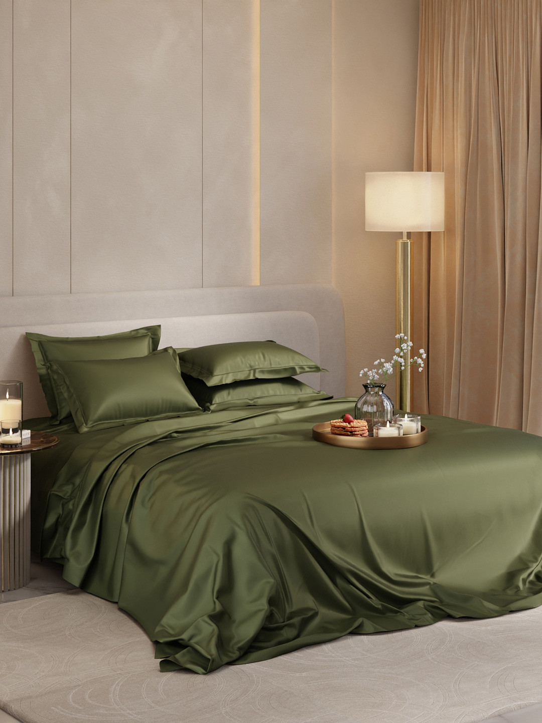 Stoa Paris Date Night Collection Olive Sateen 300 TC Super King Fine Bedsheet with 4 Pillow Covers-108 x 108 inches