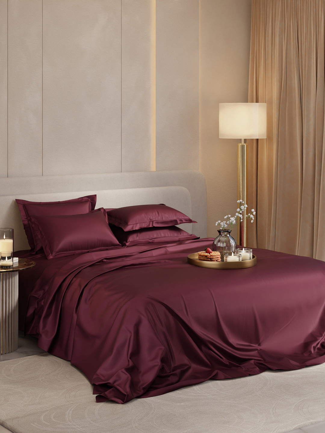 Stoa Paris Date Night Collection Burgundy Solid Polyester 300 TC King Fine Bedsheet with 4 Pillow Covers-213 x 198 cm
