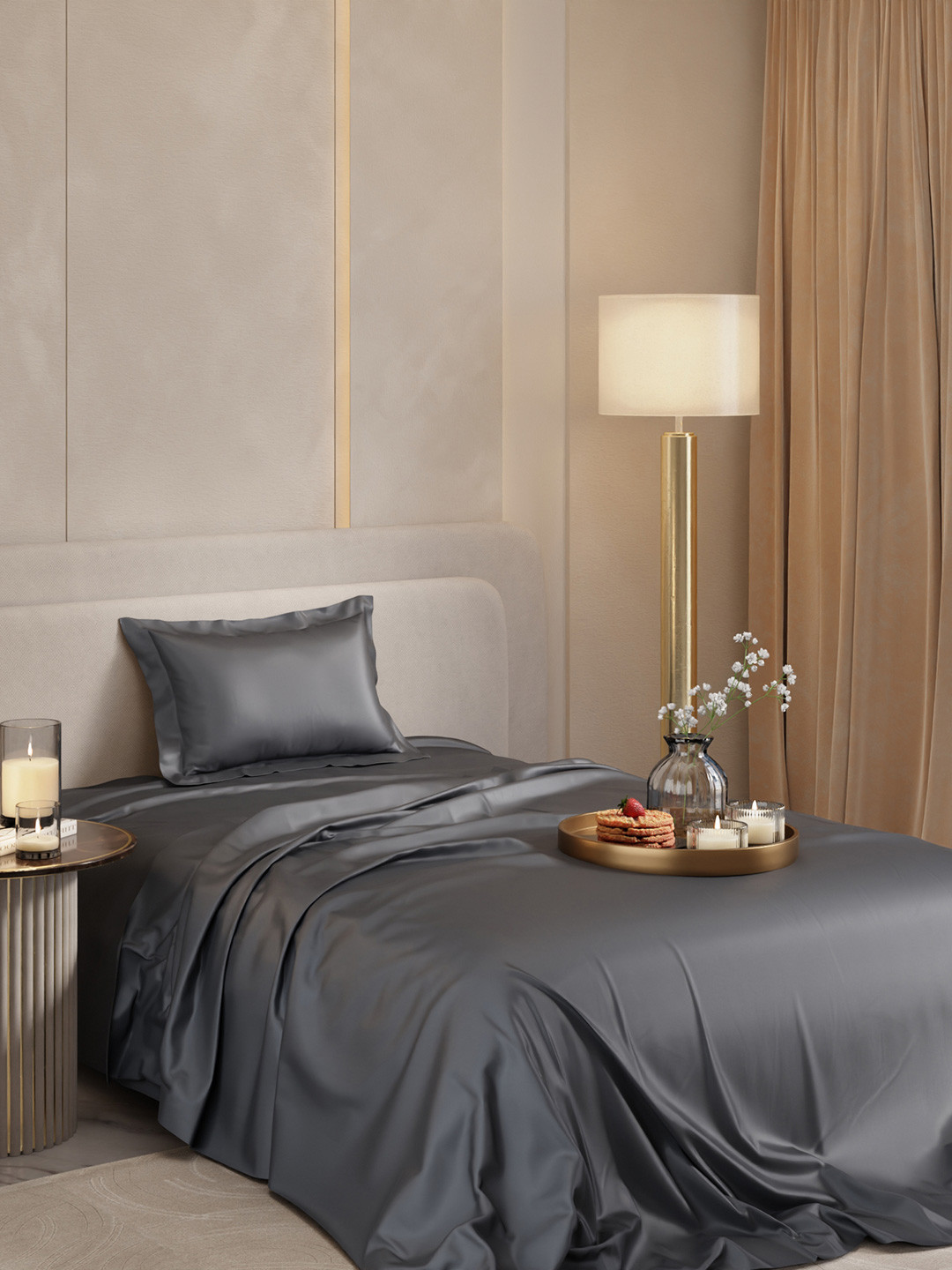 Stoa Paris Date Night Collection Grey Sateen 300 TC Single Fine Bedsheet with a Pillow Cover-60 x 90 inches