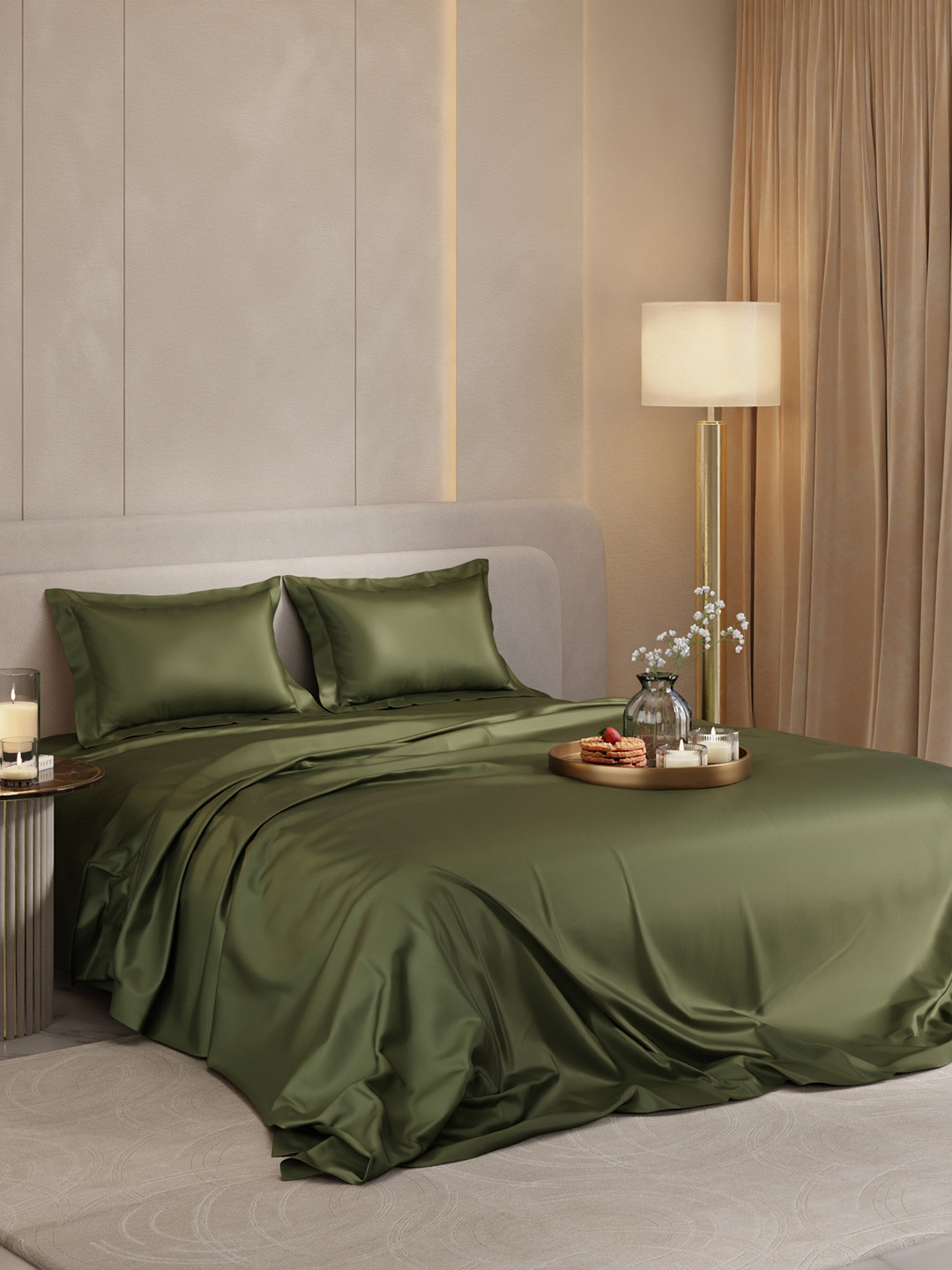 Stoa Paris Date Night Collection Olive Polyester 300 TC Queen Fine Bedsheet with 2 Pillow Covers-100 x 90 inches