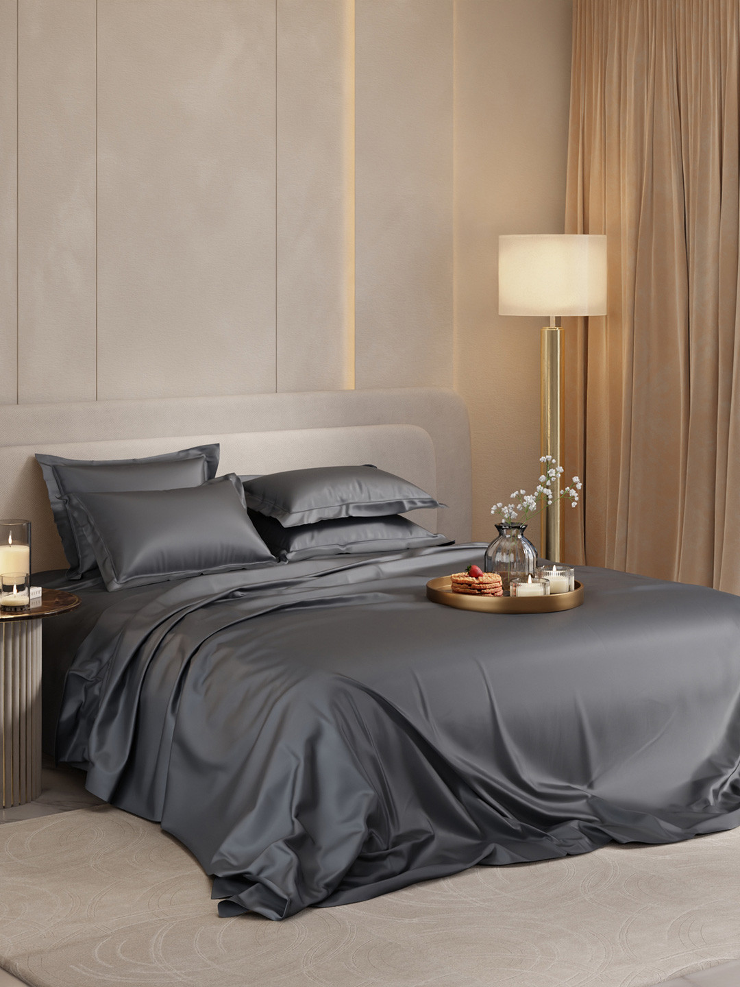 Stoa Paris Date Night Collection Grey Polyester 300 TC King Fine Bedsheet with 4 Pillow Covers-108 x 108 inches