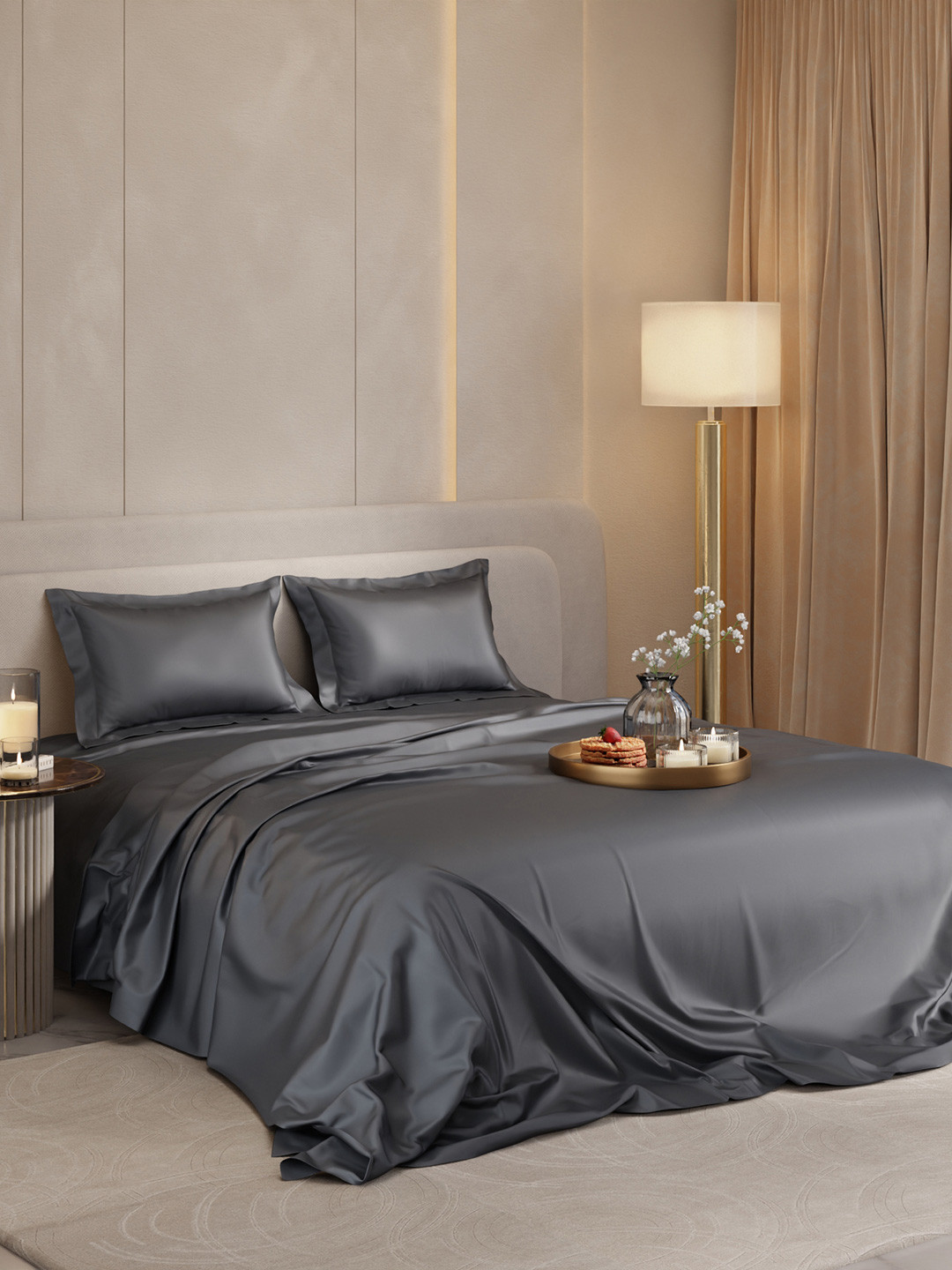Stoa Paris Date Night Collection Grey Polyester 300 TC Queen Fine Bedsheet with 2 Pillow Covers-100 x 90 inches