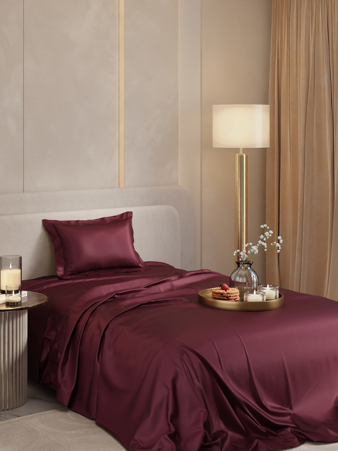 Stoa Paris Date Night Collection Burgundy Solid Polyester 300 TC Single Fine Bedsheet with a Pillow Cover-228 x 152 cm