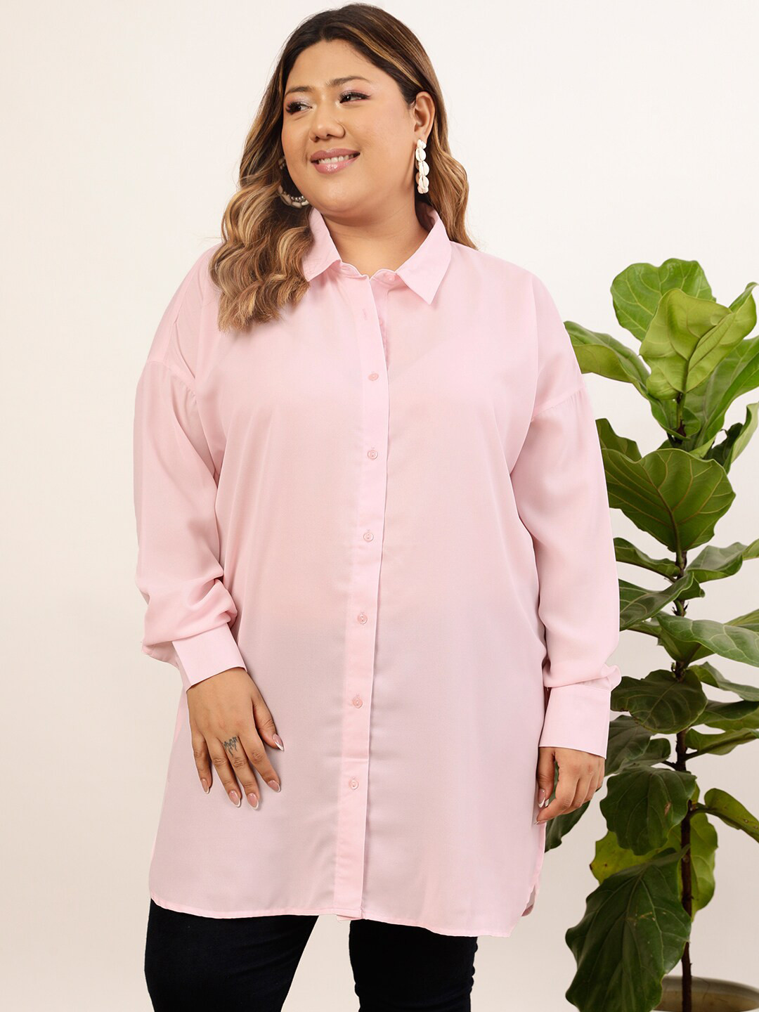 CURVY STREET Plus Size Pink Relaxed Oversized Longline Casual Shirt