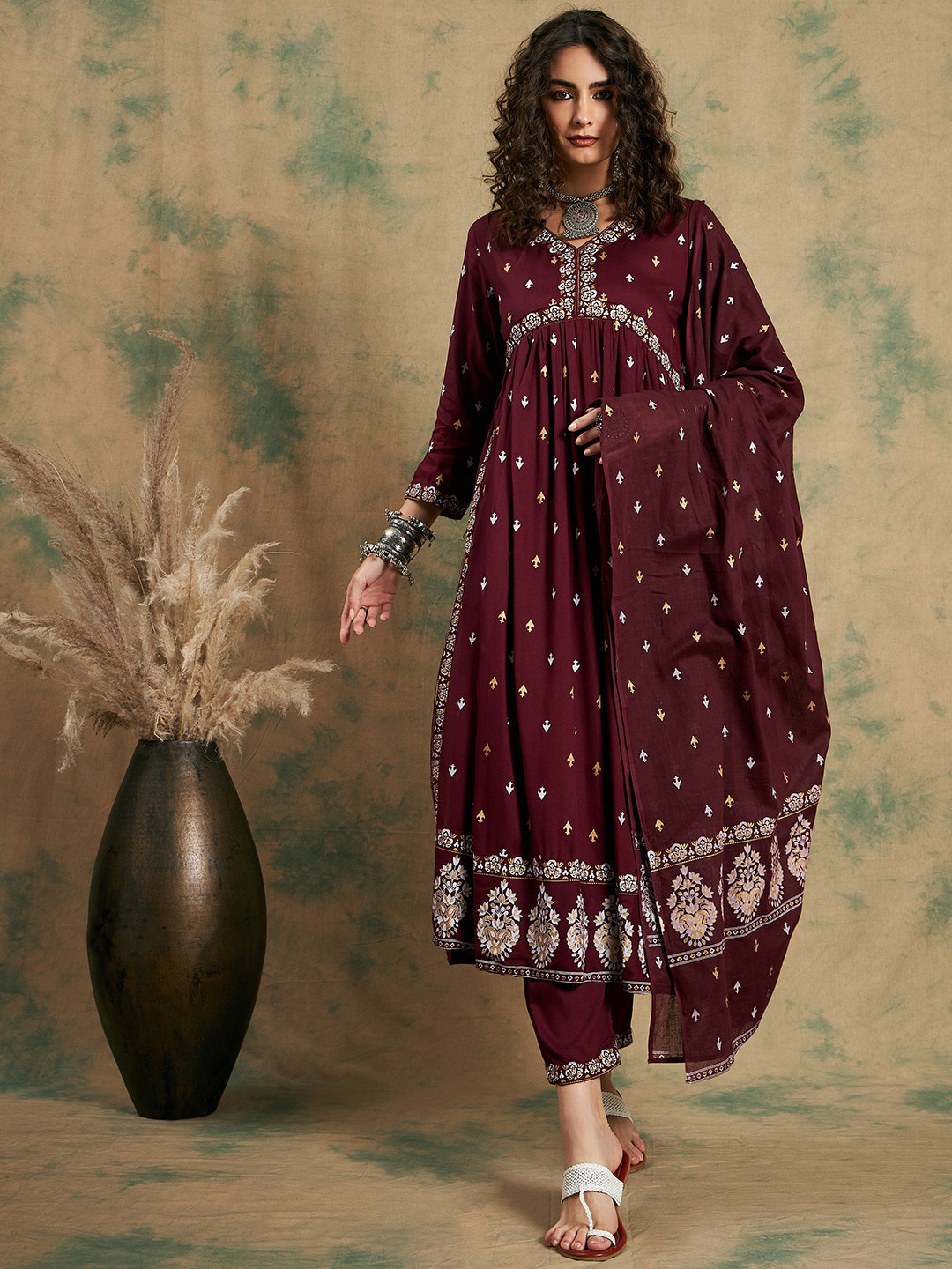 Sangria Alia Cut Ethnic Motifs Printed Empire A-Line Kurta Set With Dupatta Set