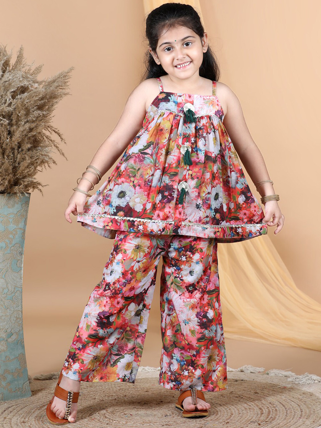 AWW HUNNIE Girls Floral Printed Empire Gotta Patti Detailed Kurti with Palazzos