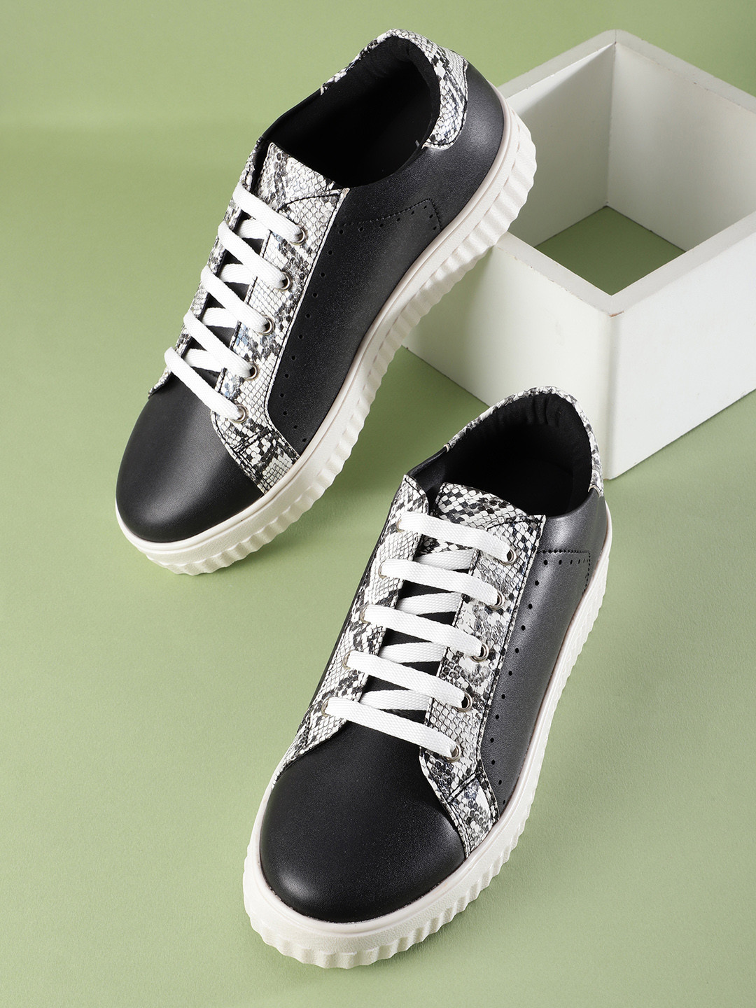 Mast & Harbour Women Snake Skin Printed Round-Toe Sneakers with Perforated Detail
