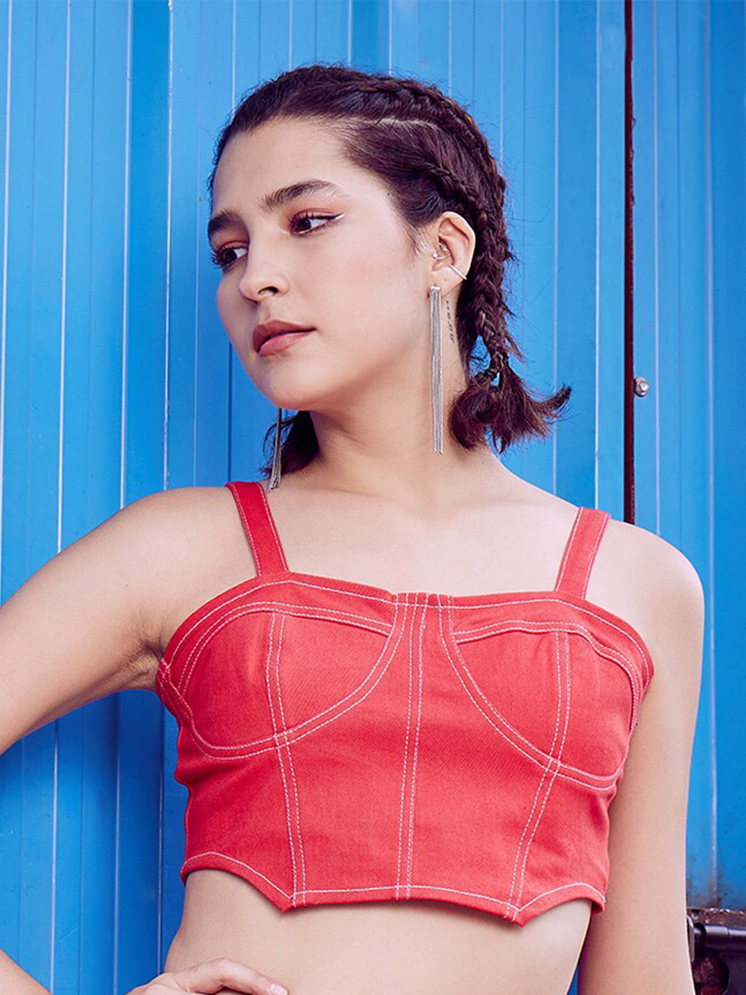 Athena Red Shoulder Straps Cotton Canvas Fitted Crop Top