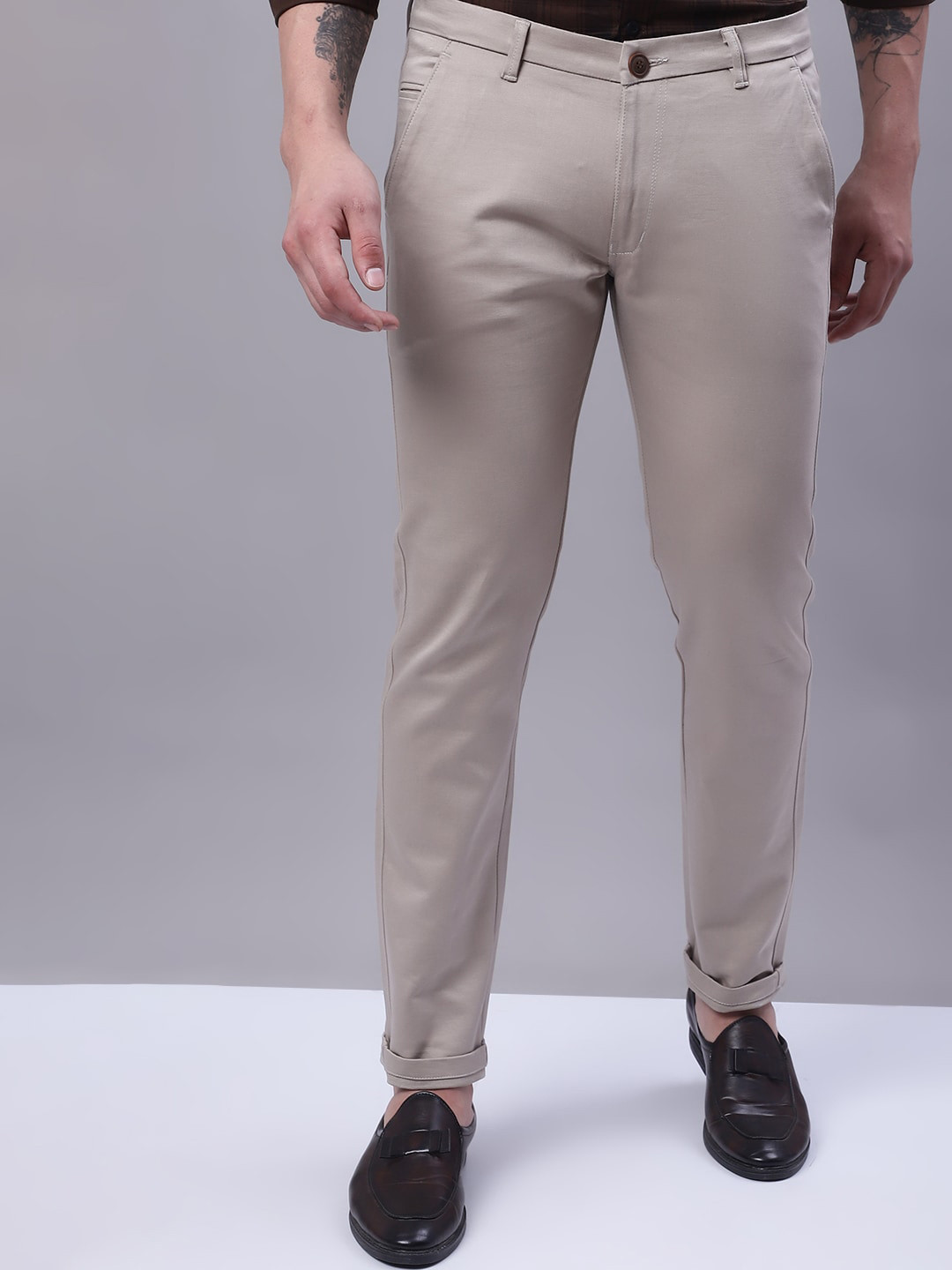 Majestic Man Men Taupe Relaxed Slim Fit Easy Wash Cotton Regular Trousers
