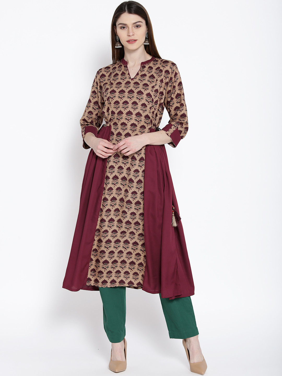 Shree Women Beige & Maroon Printed A-Line Kurta