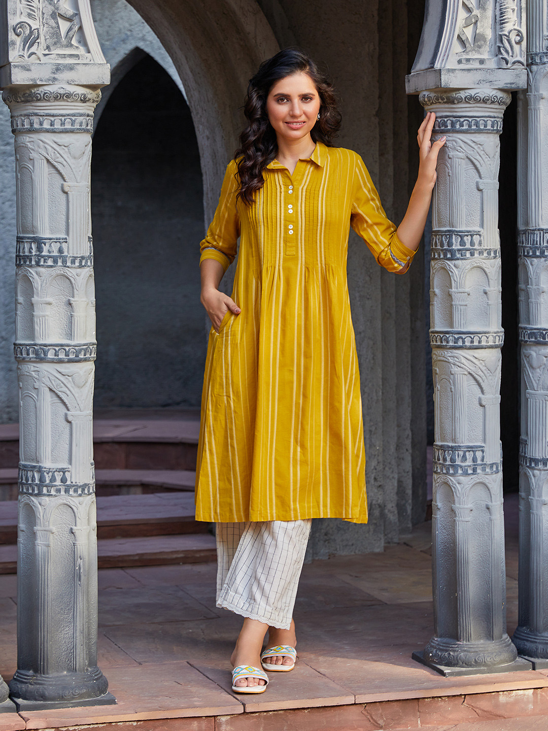 Biba Shirt Collar Striped Printed Regular Kurta with Trousers
