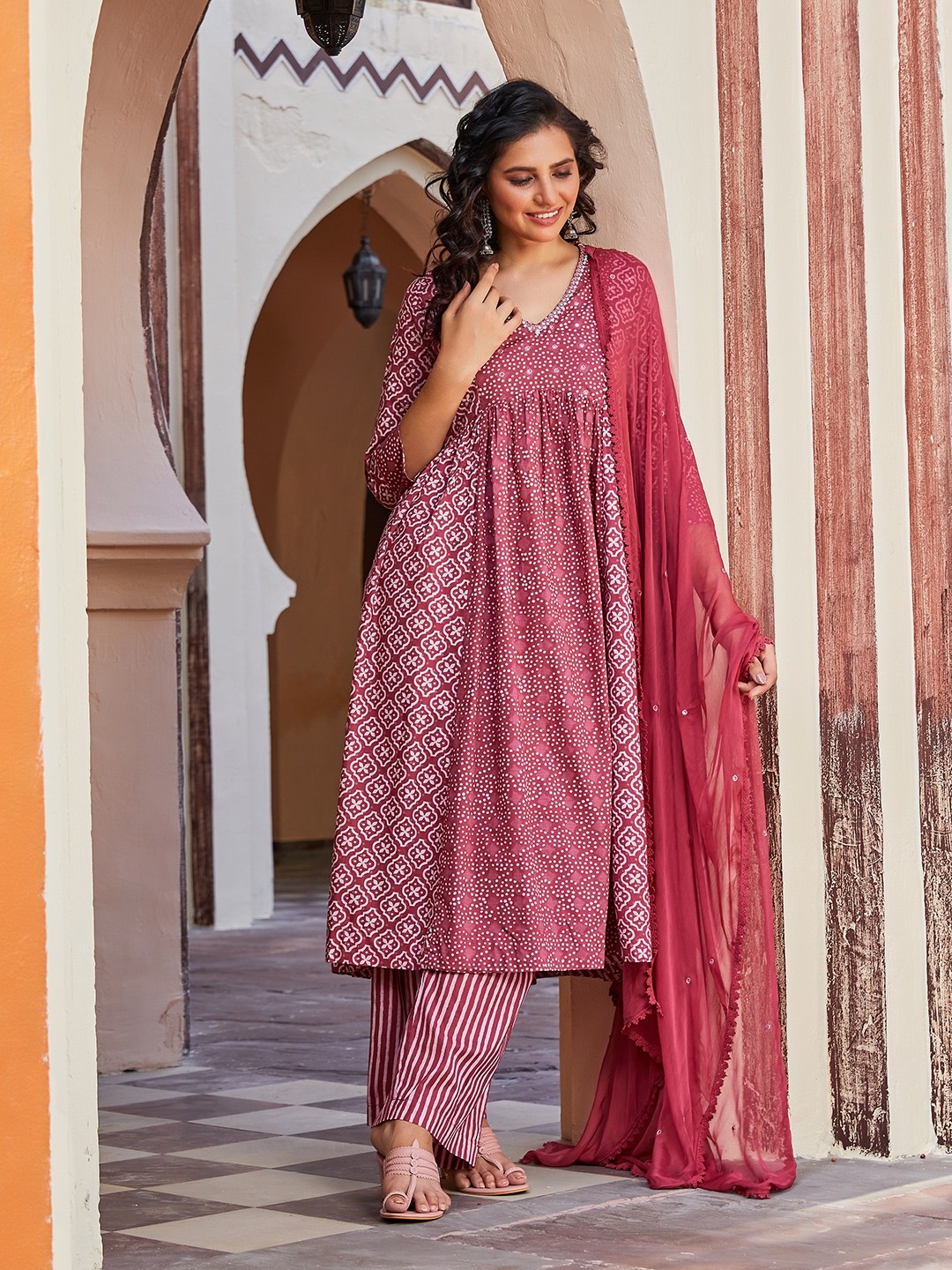 Buy Biba Ethnic Motifs Printed Mirror Work A Line Kurta with Palazzos And Dupatta Kurta Sets for Women 24244158 Myntra
